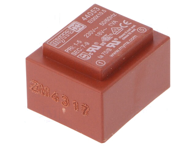 Transformator: ingegoten; 1VA; 230VAC; 18V; 56mA; PCB Transformator: ingegoten; 1VA; 230VAC; 18V; 56mA; PCB